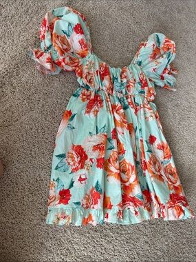 Buddy Love Mint Floral Puff-Sleeve Dress with Coral and Orange Blooms